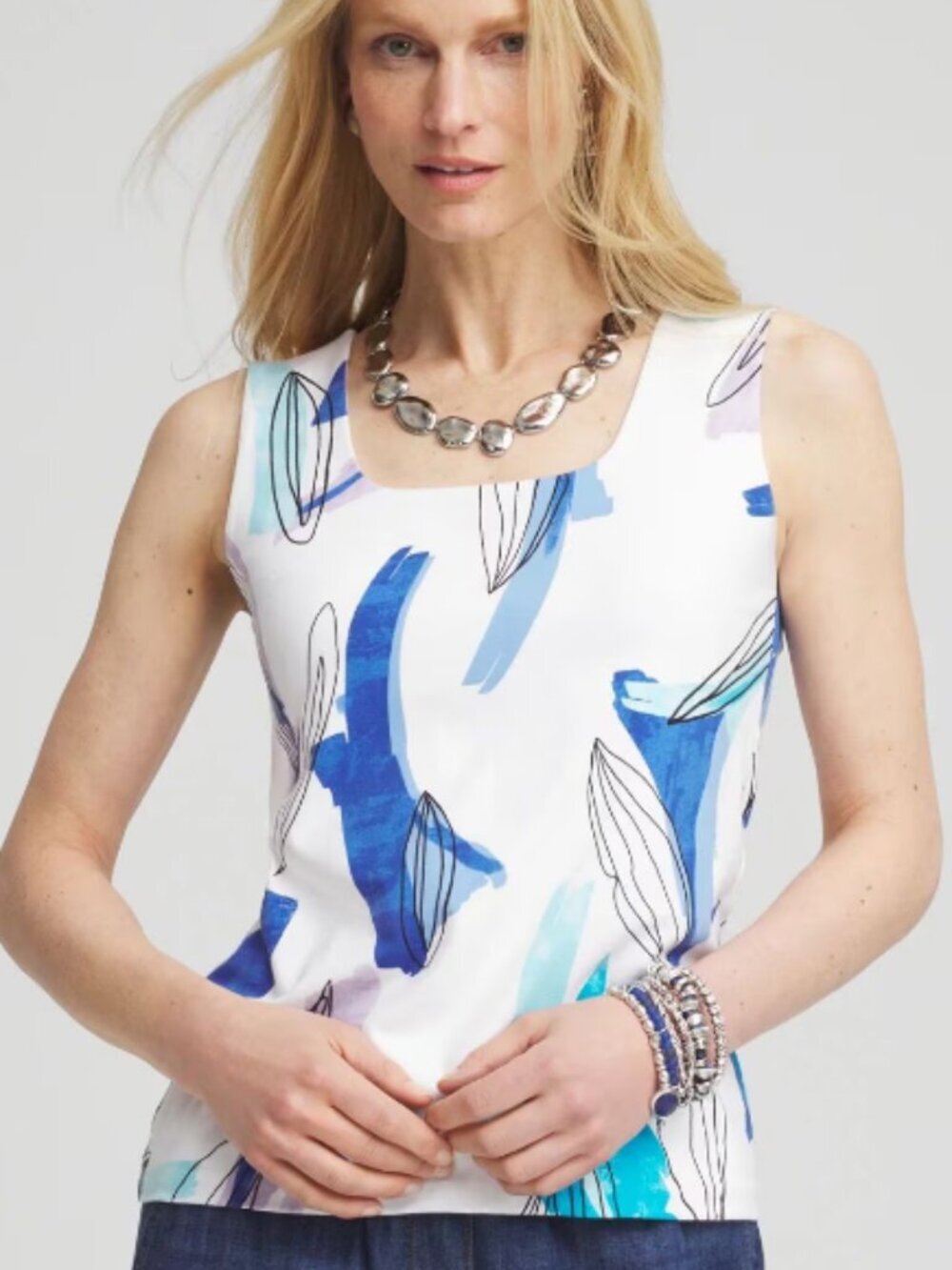 Chico's NEW Painted Square-Neck Tank Blue/Purple/White Floral Size L